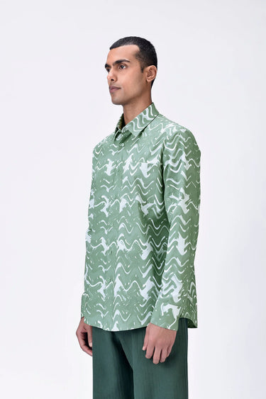 Regular Fit Button-Up Shirt with Solar Wave Check Print Taupe - Genes Lecoanet Hemant