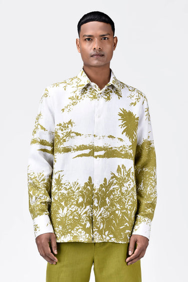 Regular Fit Light Linen Shirt with Landscape Print