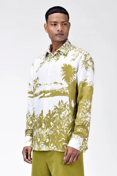 Regular Fit Light Linen Shirt with Landscape Print