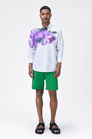 Regular Fit Men's Button-Up Shirt With Orchid Floral Print Placement - Genes Lecoanet Hemant