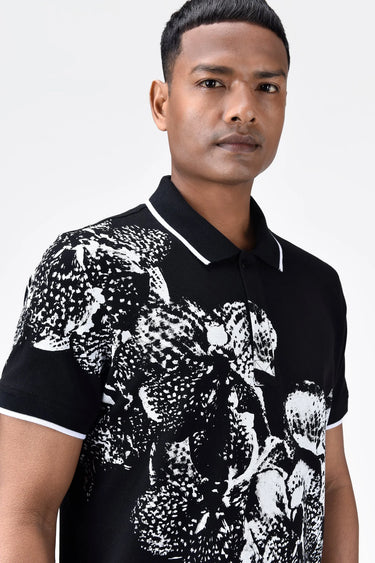 Regular Fit Polo with Contrast Tipping and Orchid Print - Black
