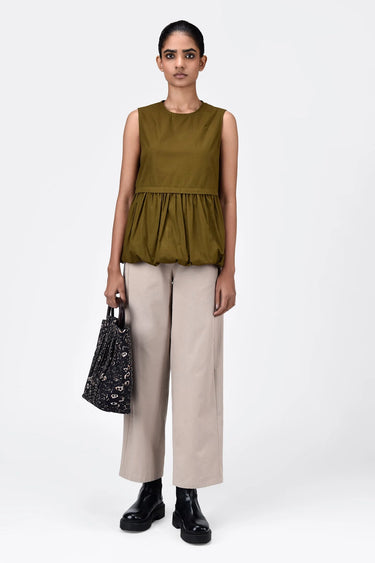 Regular Fit Round Neck Top With Voluminous Hem-Khaki - Genes Lecoanet Hemant