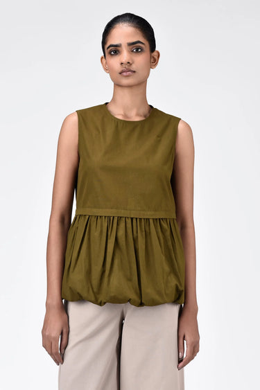 Regular Fit Round Neck Top With Voluminous Hem-Khaki - Genes Lecoanet Hemant