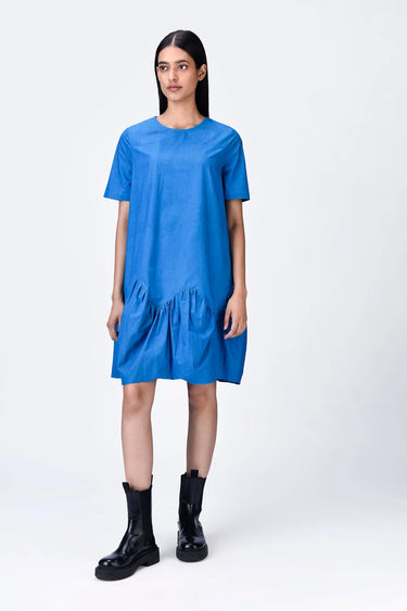 Relaxed Fit Dress with Gathered Panel - Azure Blue