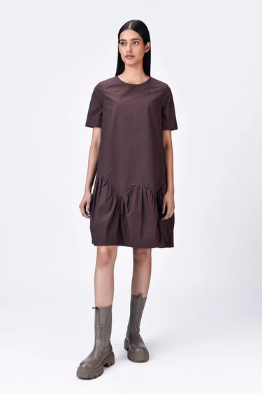 Relaxed Fit Dress with Gathered Panel - Brown