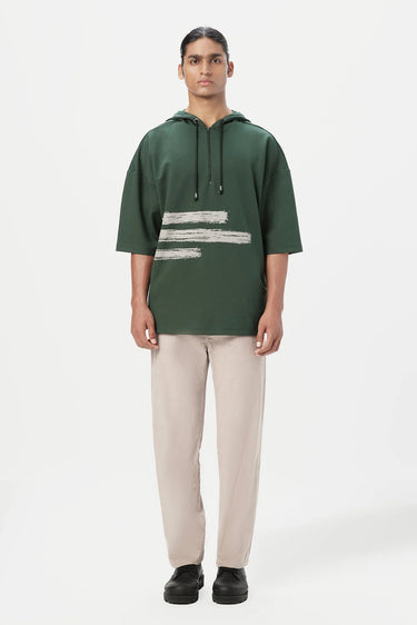 Relaxed Fit Hoodie T-Shirt with Brushed Logo Print Placement-Forest Green