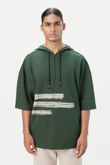 Relaxed Fit Hoodie T-Shirt with Brushed Logo Print Placement-Forest Green