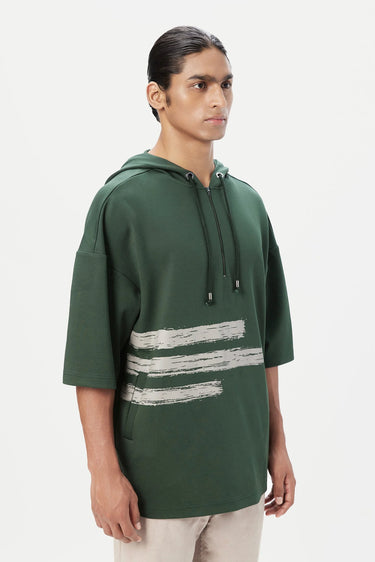 Relaxed Fit Hoodie T-Shirt with Brushed Logo Print Placement-Forest Green