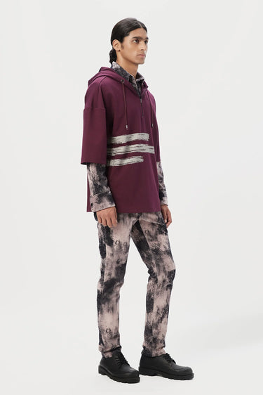 Relaxed Fit Hoodie T-Shirt with Brushed Logo Print Placement- Wine - Genes Lecoanet Hemant