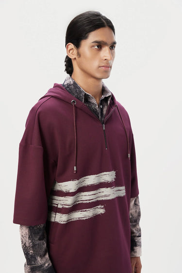 Relaxed Fit Hoodie T-Shirt with Brushed Logo Print Placement- Wine - Genes Lecoanet Hemant