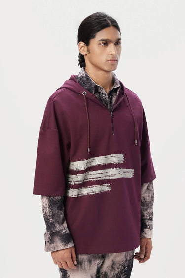 Relaxed Fit Hoodie T-Shirt with Brushed Logo Print Placement- Wine - Genes Lecoanet Hemant