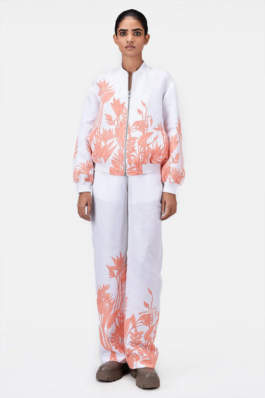 Relaxed Fit Linen Herringbone Bomber Jacket with Tropical Print Off White