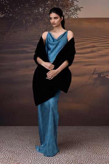 Retro Blue Satin Cowl Neck Dress - Genes Online Store