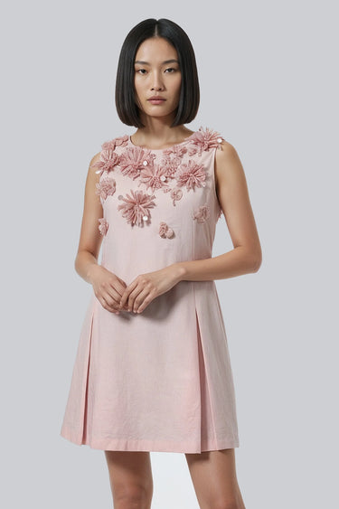 Rose pink A-line dress women India with floral embellishment detailing