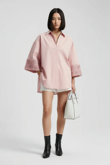 Rose pink embroidered relaxed shirt for women by Genes Lecoanet Hemant India
