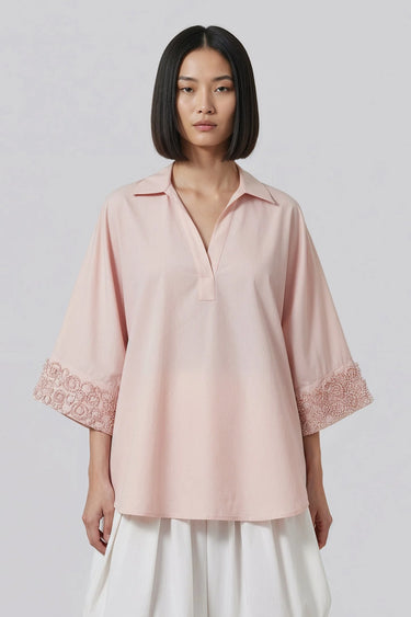 Women pink designer relaxed fit shirt with embroidery, luxury casual wear India