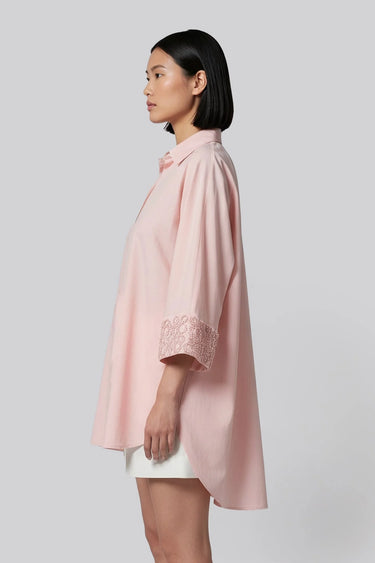 Rose pink relaxed shirt women India with embroidered sleeves, modern fashion