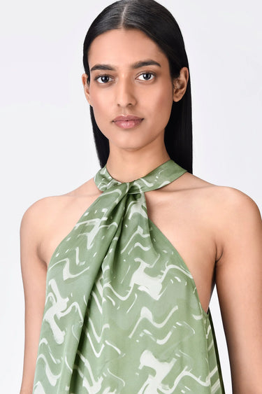Satin A-Line Halter Neck Draped Dress- Taupe - Genes Lecoanet Hemant