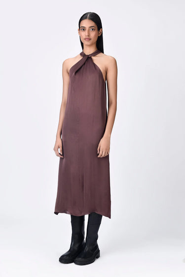 Satin Halter Neck Dress - Chocolate Brown - Genes Lecoanet Hemant