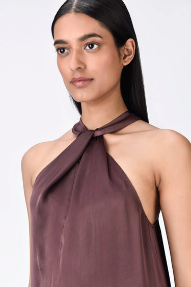 Satin Halter Neck Dress - Chocolate Brown - Genes Lecoanet Hemant