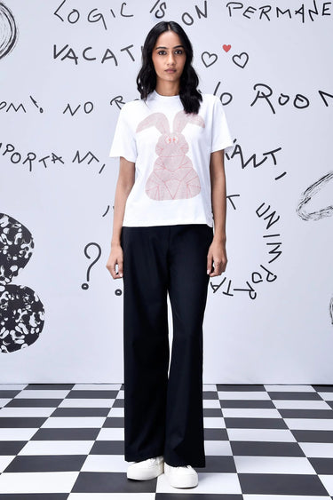 White scribble text T-shirt for women with typography print