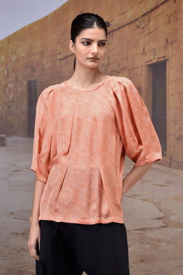 Women red satin top with pleated design, luxury designer fashion India