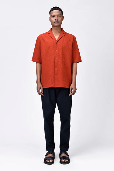 Seersucker Easy Fit Men's Half Sleeve Shirt-Coral Orange - Genes Lecoanet Hemant