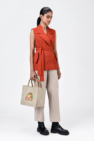 Seersucker Sleeveless Jacket With Tie-Up Waist-Coral Orange - Genes Lecoanet Hemant