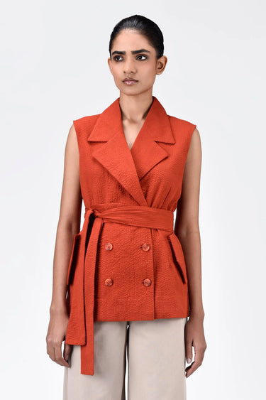 Seersucker Sleeveless Jacket With Tie-Up Waist-Coral Orange - Genes Lecoanet Hemant