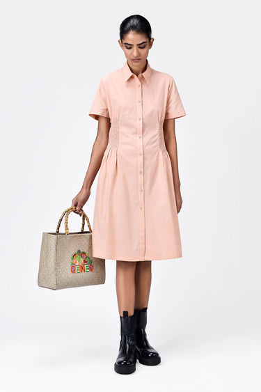 Semi-Fit Shirt Dress with Back Cutout-Light Peach - Genes Lecoanet Hemant