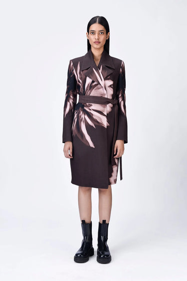 Semi-Fitted Linen Herringbone Coat with UV Flower Print - Genes Lecoanet Hemant
