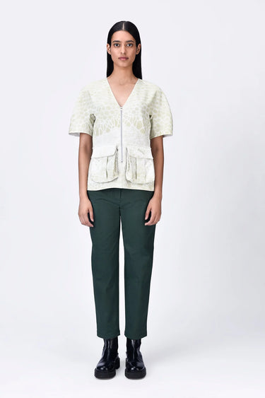 Semi-Fitted V-Neck Top with Pleated Pockets & Microcell Print - Genes Lecoanet Hemant