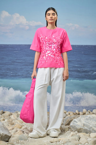 Sequin-Embroidered Elbow-Sleeve Top in Cotton Poplin – Barbie Pink - Product Image