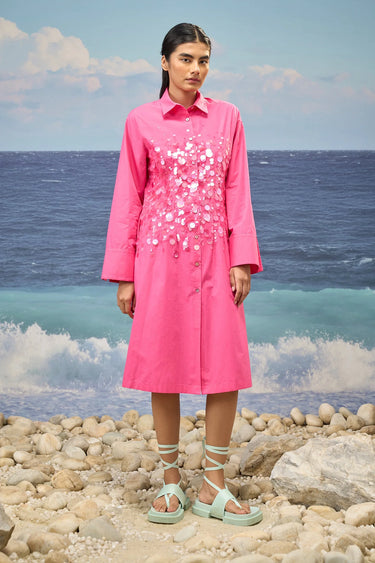 Barbie pink shirt dress for women with straight fit and structured silhouette