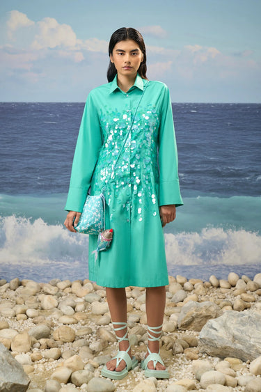 Persian green cotton poplin shirt dress for women with sequin embroidery