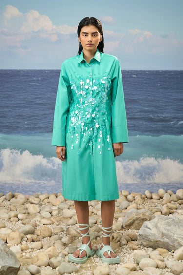 Persian green shirt dress for women with straight fit and structured silhouette