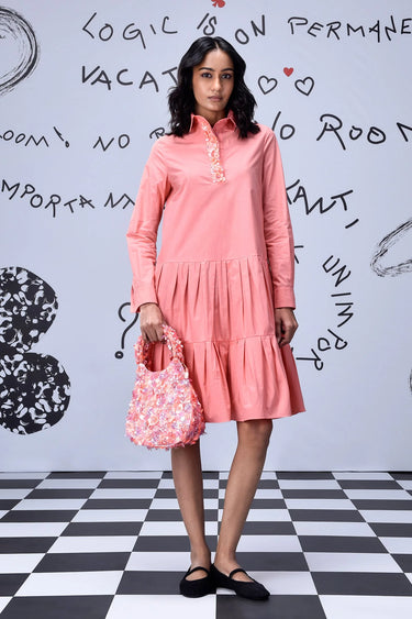 Sequin Placket Relax Fit Dress- Coral Peach - Genes Online Store