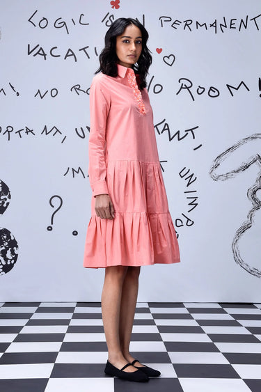 Sequin Placket Relax Fit Dress- Coral Peach - Genes Online Store