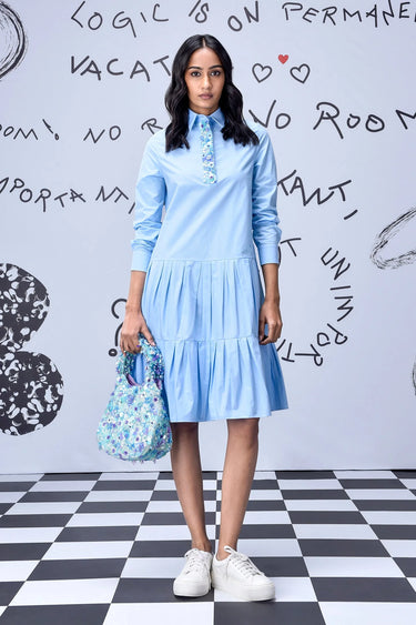 Sequin Placket Relax Fit Dress- Light Blue - Genes Online Store