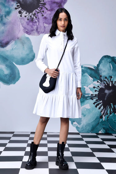 Sequin Placket Relax Fit Dress- White - Genes Online Store