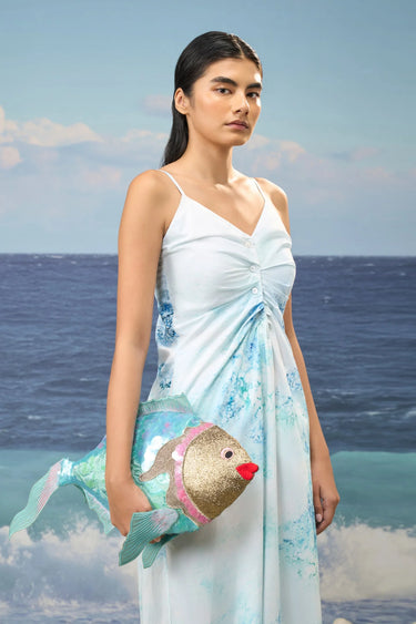 Sleeveless Dress in Premium Cotton Poplin with Watercolour Print