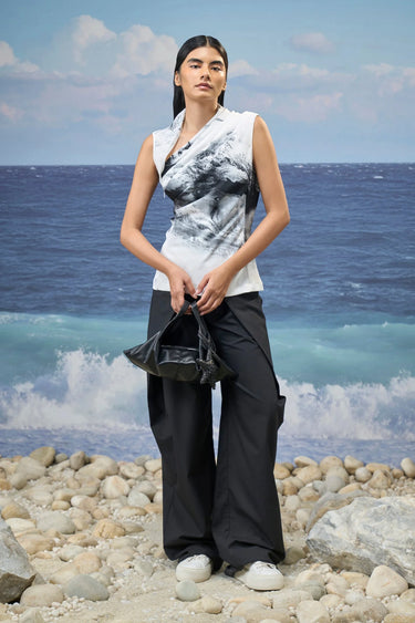 Premium poly satin sleeveless top for women with abstract graphic print