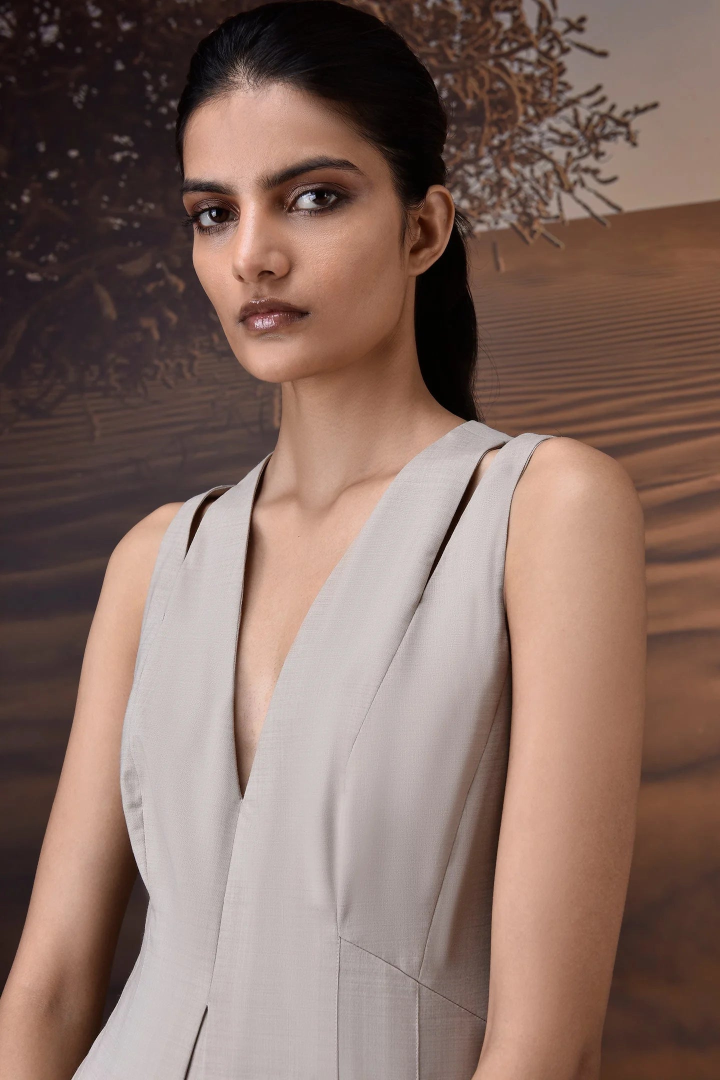 Sleeveless Warm Beige Poly Woollen Midi Dress Genes Lecoanet Hemant sleeveless-warm-beige-poly-woollen-midi-dress-genes-lecoanet-hemant