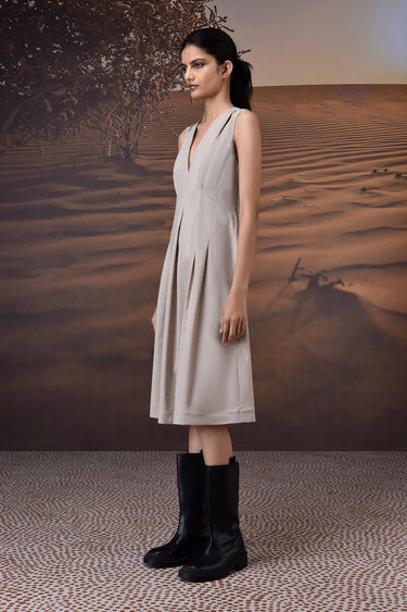 Sleeveless Warm Beige Poly Woollen Midi Dress - Genes Online Store