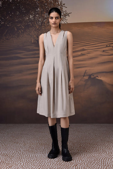 Sleeveless Warm Beige Poly Woollen Midi Dress - Genes Online Store