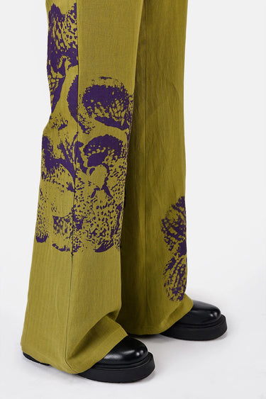 Slim Fit Boot Cut Linen Herringbone Trouser with Orchid Print Bright olive