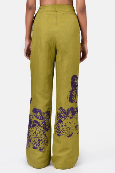 Slim Fit Boot Cut Linen Herringbone Trouser with Orchid Print Bright olive