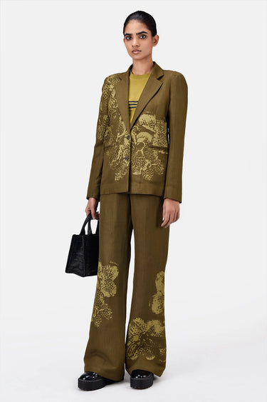 Slim Fit Boot Cut Linen Herringbone Trouser with Orchid Print Khaki