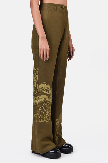 Slim Fit Boot Cut Linen Herringbone Trouser with Orchid Print Khaki