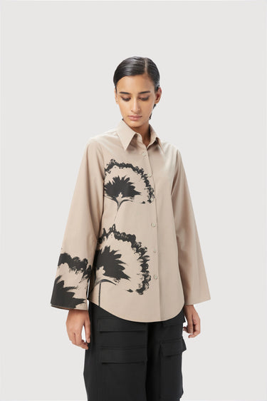 Slim Fit Button Down Shirt With Bell Sleeves And Gingko Print - Genes Lecoanet Hemant